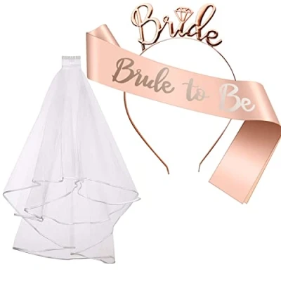 Imagen de 3 Pieces Bride to Be Decoration Set, Hen Party Decoration, Sash, Bridal Veil, Headband Tiara, Do Night Out Bachelorette Party, Shower, Accessories