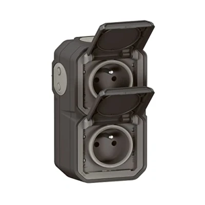 Imagen de LEGRAND toma impermeable doble IP55 con tierra Plexo, 2P+T 16A completa persiana, para colocación en aparente, montaje vertical Fabricado Francia Antracita