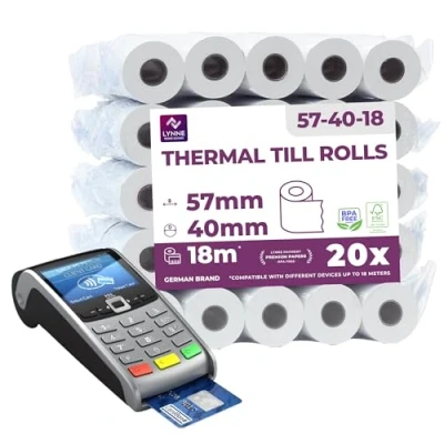 Imagen de Papel térmico 57mm x 18m 12mm ideal para máquinas de tarjetas Crédito Rollos todos los TPV y las impresora térmica (57x40x12) Blanco Sin BPA (20 Rollos)