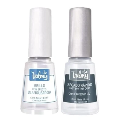 Imagen de VALMY Pack Tratamiento Blanqueador y Fortalecedor de Uñas: Brillo con Efecto + Top Coat Secado Rápido, Esmalte Protector Endurecedor, Aporta Protección, 14 ml c/u (2 unidades)