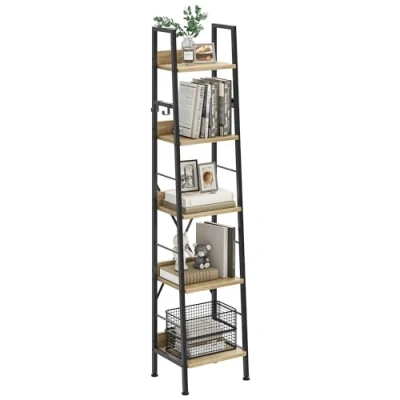 Imagen de YITAHOME Librería de 5 Niveles, Estante Escalera Industrial Estantería Independiente para Libros Estantes Madera y Marco Metal Moderna Sala Pasillo Oficina, Color Roble