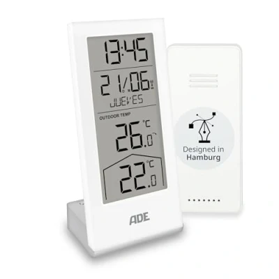 Imagen de ADE Estación meteorológica digital inalámbrica con sensor exterior termómetro para temperatura interior y reloj calendario radiocontrolados día de la semana incl. pilas blanco