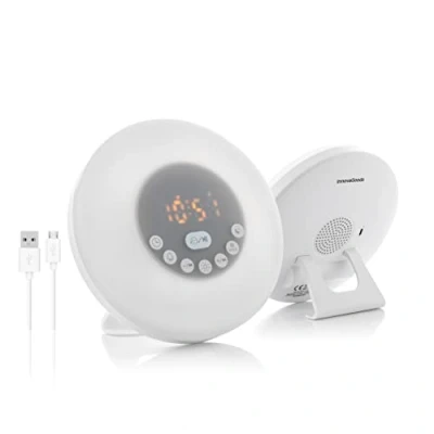 Imagen de InnovaGoods® Despertador Amanecer con Altavoz, luz Amanecer, Reloj Digital, Despierta de Forma Natural y Agradable, 12 Sonidos predefinidos, Radio FM, 3 Modos iluminación.