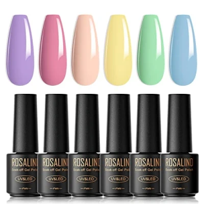 Imagen de ROSALIND Esmaltes semipermanentes de Uñas,6 Pastel colores Primavera y Verano Mini Gel Uñas, Macarrón Colors Rosa Púrpura Azul Verde Soak Off UV LED pintauñas