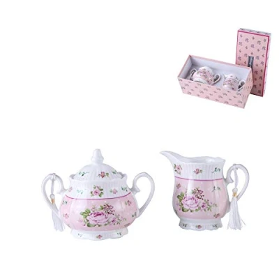 Imagen de London Boutique Juego de Tetera Porcelana, Tetera, azucarero y Jarra Leche en Crema, Shabby Chic Vintage Floral Caja Regalo (Juego Crema azúcar, Rosa Rosa)