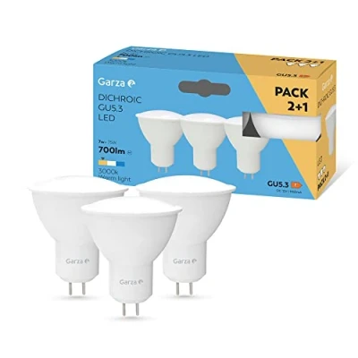 Imagen de Garza Pack 3 Bombillas LED Dicroica GU5.3, Luz cálida (3000K), 7W (equivalente a 75W incandescente), 700 lm, No regulable
