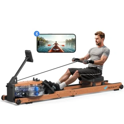 Imagen de MERACH Máquina de Remo Agua Plegable Madera, Material árbol Caucho y Asiento Cómodo, con App Exclusiva Juego Interactivo, Experiencia Inmersiva, Máx. 180 kg