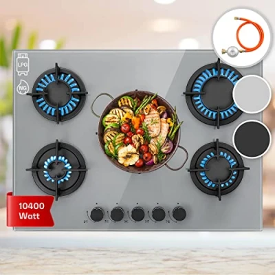 Imagen de Klarstein Cocina de Gas Butano, Placa 5 Fogones 10400W, Hornillo Camping Portatil para Caravana, Encimera Butano Acero Inoxidable, Cocinas Gas, Quemador Quemadores