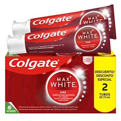 Imagen de Colgate Max White One Pasta de Dientes Blanqueadora, Pack 2 Uds x 75ml, Dentrifíco Blanqueador, 1 Tono Más Blancos en Semana, Elimina Manchas Superficiales