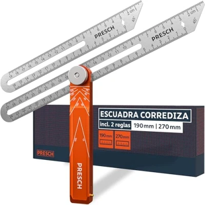 Imagen de Presch Falsa Escuadra incl. Regla adicional 190mm &amp; 270mm Transferir ángulos de extrema precisión con función trazado fabricada en aluminio mecanizado y acero inoxidable