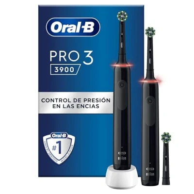 Imagen de Oral B Pro 3 3900N Cepillos de Dientes Eléctricos (Pack 2) con Mango Recargable y 1 Cabezal Recambio, Diseñado por Braun, Regalos Orginales Negro