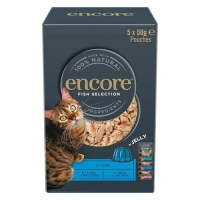 Imagen de Encore Comida húmeda natural para gatos, paquete múltiple de atún con selección pescado en bolsa gelatina 50 g (paquete 20 bolsas) (el embalaje puede variar)