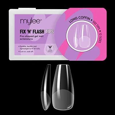 Imagen de Mylee Fix &amp; Flash Soft Gel Tips Puntas de Uñas Suave, Cobertura Completa, Extensiones Gel, Flexibles y Resistentes, 12 Tamaños, 552 Piezas, por Todas las (Long Coffin)