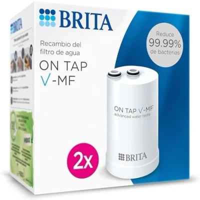 Imagen de BRITA ON TAP V MF 2x cartucho de filtro agua (600L) sostenible, libre bacterias al 99,99%, sabor mejorado, reduce micropartículas finas, PFAS, metales y sustancias que afectan el sabor.
