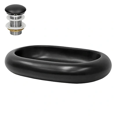 Imagen de ML Design Lavabo De Cerámica Negro Mate Ovalado 650 x 450 110 mm Con Juego Drenaje Sin Rebosadero Lavamanos Moderno Encimera Sobremesa Pila Para Baño Aseo Fregadero Colgante