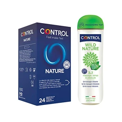 Imagen de Control Preservativos Nature &amp; Gel De Masaje Wild Caja 24 Condones Lubricados y Corporal Con Aroma a Té Negro 200 ml e Ingredientes Naturales (Pack Ahorro)