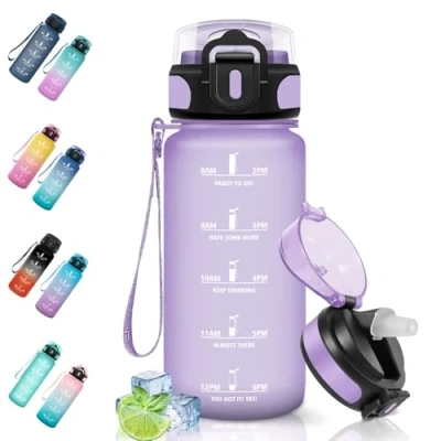 Imagen de Motswedi Botella Agua, 0.5L Sin BPA, Agua Niños con Pajita, Reutilizable, Gimnasio, a Prueba de Fugas, Cantimplora para Gym, Oficina, Escuela, Yoga, Morado Claro