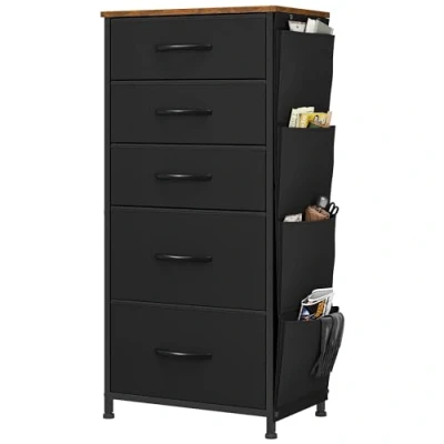 Imagen de YITAHOME Cajonera de Tela con Bolsillos Laterales, Ganchos,Cómoda Tela,Unidad Almacenamiento,con 5 cajones Extraíbles,Cómoda para Sala Estar,Dormitorio, habitación Infantil,Negro