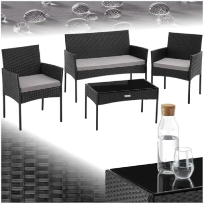 Imagen de TecTake® Conjunto Jardin Exterior de Ratán, Muebles para 4 Personas, Terraza con Mesa Vidrio, Sofa y Sillas Cojines Lavables, Sillon Cómodo Negro