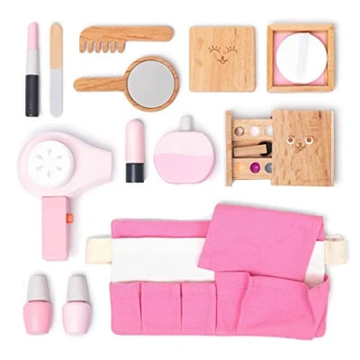 Imagen de UMU® Juego de cosméticos Madera para niños con Bolsa Que Incluye Maquillaje, secador Pelo, Espejo, Perfume etc., Maquillaje imitación, Juguete 12 pzas. 3, 4, 5 años