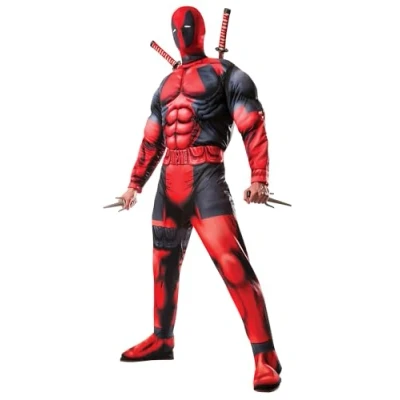 Imagen de Rubies Disfraz Deadpool Deluxe para adultos, Jumpsuit con pecho musculoso, cubrebotas y máscara, Oficial Marvel Carnaval, Halloween, Fiestas