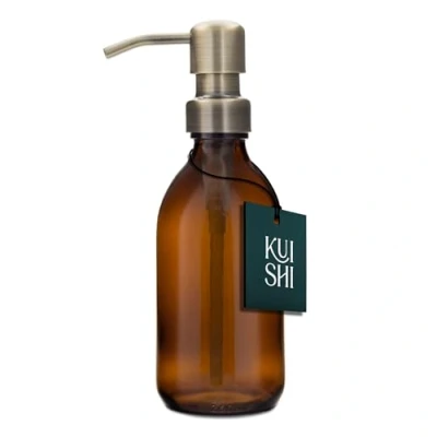 Imagen de Kuishi Botella de vidrio ámbar con bomba acero inoxidable [250ml, dorada], Botellas marrón recargables Ideal para lavado a mano, champú, acondicionador, gel ducha (sin BPA)