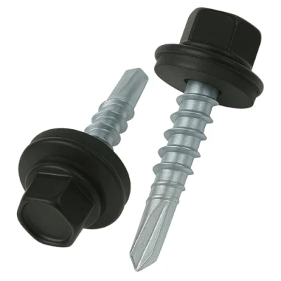 Imagen de 4.8 mm x 25 Tornillos para techos, cabeza hexagonal, autoperforantes, color (RAL 9005 Negro intenso) con arandela de sellado, Tornillo endurecido chapado en zinc a prueba óxido 50 pcs