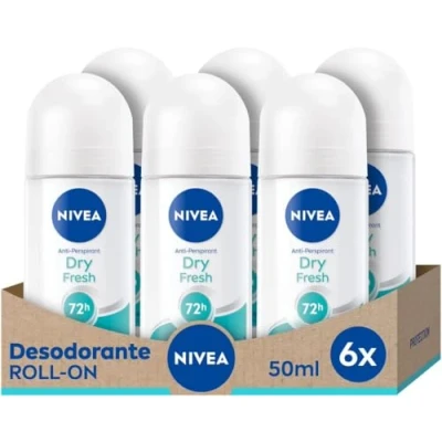 Imagen de NIVEA Dry Comfort Fresh roll on pack de 6 (6 x 50 ml), desodorante antitranspirante con protección 72 h, cuidado femenino testado en la vida real