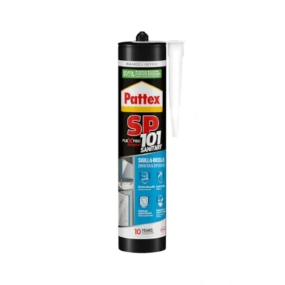 Imagen de Pattex sellador de polímero SP101 sanitario, sellado y pegamento, para baños sanitarios, se adhiere a superficies húmedas, resistente los rayos UV e impermeable, blanco, cartucho 280