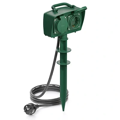 Imagen de deleyCON 2x Tomas de Corriente con Estaca Distribuidor para Exteriores Contacto Tierra a Protección Niños IP44 Prueba Salpicaduras Resistente la Intemperie 1,4m
