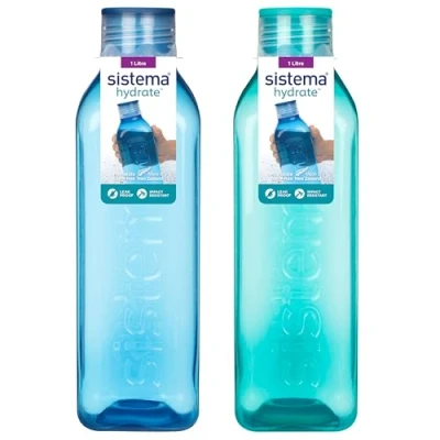 Imagen de Sistema Botella de agua cuadrada 1 l sin BPA Tapa hermética Lados que facilitan el agarre Azul océano y verde menta 2 unidades