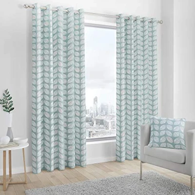 Imagen de Fusion Paige Delft Par de Cortinas 100% algodón con Ojales, Cotton, Azul Verdoso, 117 cm Ancho x 183 Largo