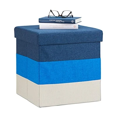 Imagen de Relaxdays Baúl Almacenaje Pequeño y Plegable, Lino, Blanco Azul, 38 x cm