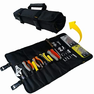 Imagen de Copechilla bolsa herramientas enrollable negro con hebilla ajustable,22 bolsillos,goma asa,Material 1680D grueso impermeable y resistente al desgaste,bolsa portaherramientas emergencia 59X36CM
