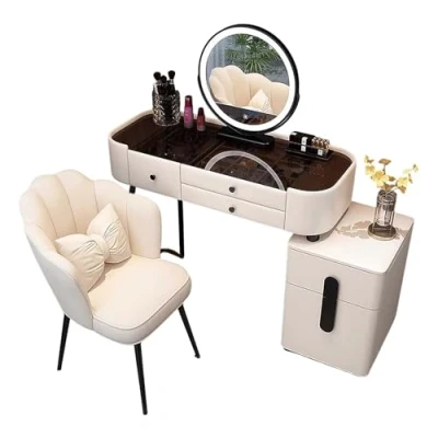Imagen de KaBuea Juego de tocador Blanco con Espejo Redondo Luces LED, 5 cajones Grandes y Taburete, Mesa Maquillaje aparador para Dormitorio, niña Mujer