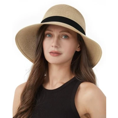Imagen de Zylioo S/M/L/XL/XXL Sombrero de Panamá paja cabeza grande sol con Ala ancha gran tamaño UV verano playa, caqui, S