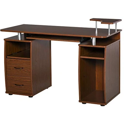 Imagen de HOMCOM Mesa de Ordenador PC 120 cm Escritorio Oficina con Múltiples Estantes 2 Cajones Bandeja Teclado y Soportes para Monitor CPU 120x55x85 Marrón