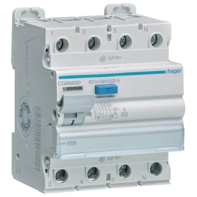 Imagen de Hager CDA663D Disyuntor de corriente (4 pines, 63 A, 0,03 400 V)