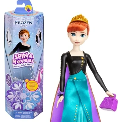 Imagen de Mattel Disney Frozen Spin &amp; Reveal Anna, Muñeca Pelirroja con Falda y Capa Intercambiable, Incluye 11 sorpresas como 5 Accesorios Pegatinas, Juguete Regalo para niños niñas +3 años, HXD27