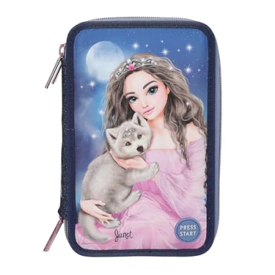 Imagen de Depesche 13150 TOPModel LED Wolf estuche de 3 compartimentos en azul oscuro, con motivo modelo y luces LED, lápices colores, regla, tijeras mucho más.
