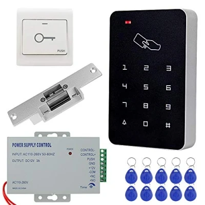 Imagen de KDL Kit de sistema control acceso RFID completo Teclado autónomo con NO tipo cerradura eléctrica Strike, DC12V / 3A Fuente alimentación, Interruptor salida puerta, 10pcs Llaves