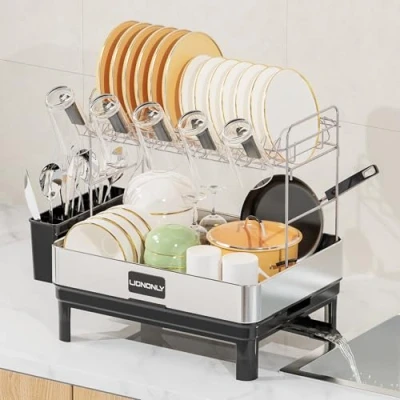 Imagen de LIONONLY Escurridor de Platos 2 Niveles,Acero Inoxidable Escurreplatos con Bandejas Goteo, Soporte Cubiertos,Estante Tazas und Puerta Boquilla Giratoria,Escurreplatos sobre Fregader