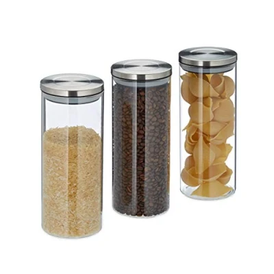 Imagen de relaxdays Recipientes para Alimentos, Herméticos, Tapa de Acero Inoxidable, 1,5L, 3 Uds, Transparente, Vidrio