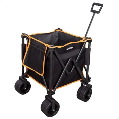 Imagen de AKTIVE Carro Transporte Plegable, Playa, Jardín, Camping, hasta 80 kg, Ruedas robustas y giratorias 360 con Frenos, Mango multiángulo, Bolsillo, Negro Naranja, Funda, Portasillas (62374)