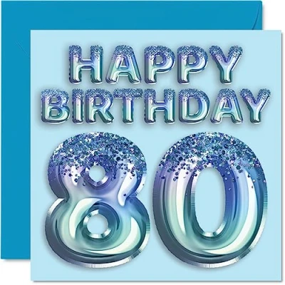 Imagen de Tarjeta de cumpleaños número 80 para hombres, globo fiesta con purpurina azul, tarjetas feliz hombre años, gran abuelo, papá, abuela, 145 mm x mm,