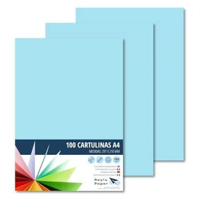 Imagen de Raylu Paper® cartulinas A4 100 unidades de color azul, 180gr 210 x 297 mm, Ideal para encuadernación, trabajos oficina, dibujo, manualidades. aptas uso escolar. (Azul Celeste)
