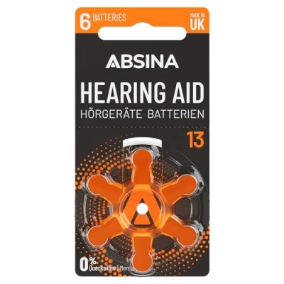Imagen de ABSINA 6X Pilas audifonos 13 con lámina Protectora de fácil Agarre Zinc Air 1,45V audifono Tipo Naranja para PR48 ZL2 P13 Hearing Aid