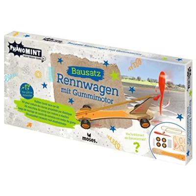 Imagen de moses 30343 PhänoMINT Kit de construcción motor goma, coches carreras con emocionante información científica fondo, juguetes madera para bricolaje niños a partir 8 años,