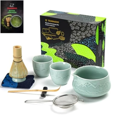 Imagen de TEANAGOO Juego de Matcha Batidor Tazón con pico vertedor Cuchara Soporte Kit Té Japonés (7pcs) + 2 Tazas(5.6oz),S36,Celadon Azul