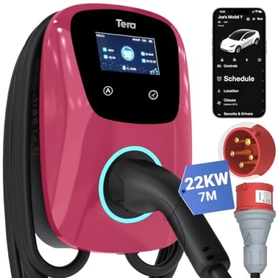 Imagen de Tera Cargador EV Smart APP: 32 A tipo 2, 22 kW o 11 kW, estación de carga doméstica, 400 V, CE y TÜV, 7 m, cable con soporte carga, control aplicación, enchufe 3 fases CEE para todos